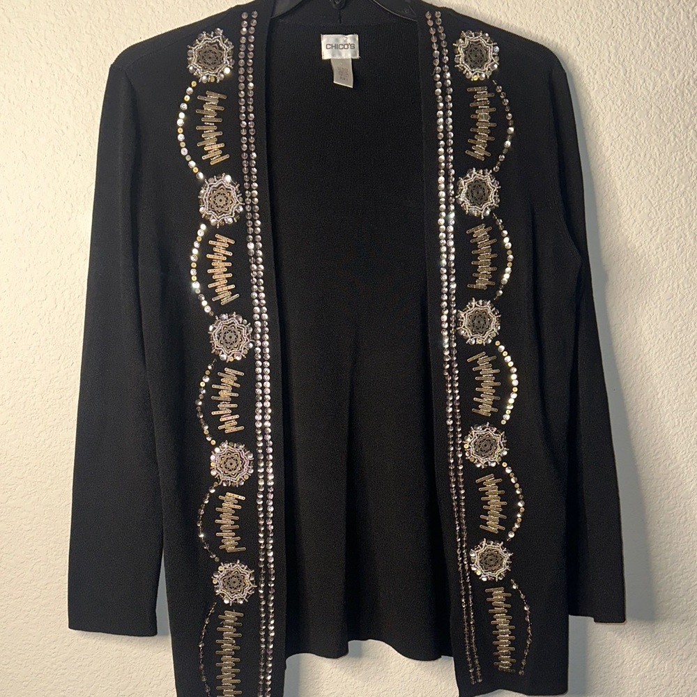 Chico's Black‎ Open-Front Cardigan with Gold & Silver Embellished Trim
